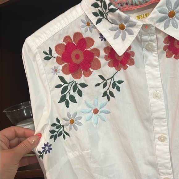 Anthropologie White and Pink Embroidered Button Down Shirt - Picture 2 of 8